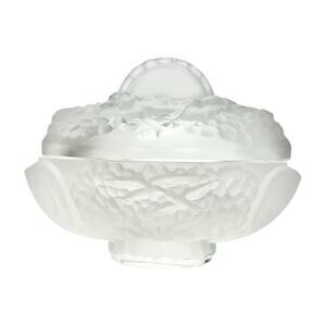 Lalique-Style Frosted Crystal Oval Dresser Vanity Trinket Box Cherubs Birds 5.5”